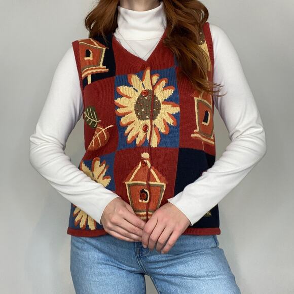 Vintage Y2K Christopher & Banks Medium Sunflower/ Fall Embroidered Sweater Vest - Picture 3 of 11